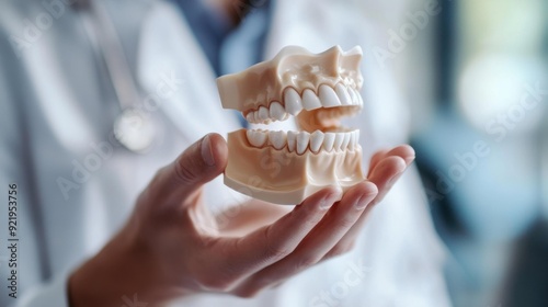 A dental professional holds a model of human teeth, showcasing the upper and lower jaws. The expression conveys a sense of professionalism and care in dental health.