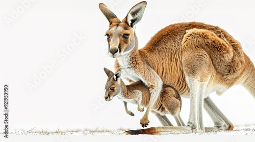 Red kangaroo carrying a cute Joey, isolated on clean white photo