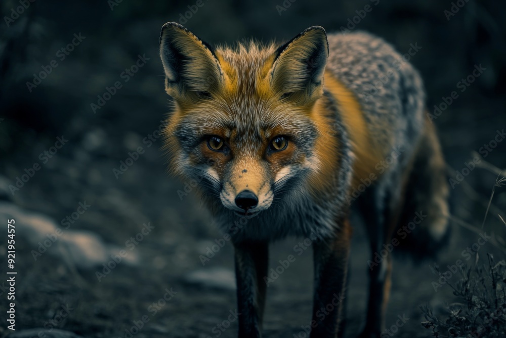 Fototapeta premium Close up photo of an red fox standing on the ground at night time 