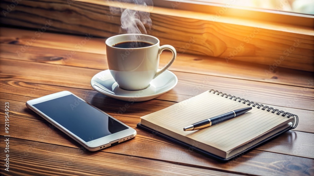 Modern workspace with a sleek smartphone lying on a clutter-free wooden desk beside a notepad, pen, and a steaming cup of coffee. Modern workspace with a sleek smartphone lying on a clutter-free wooden desk beside a notepad, pen, and a steaming cup of coffee.