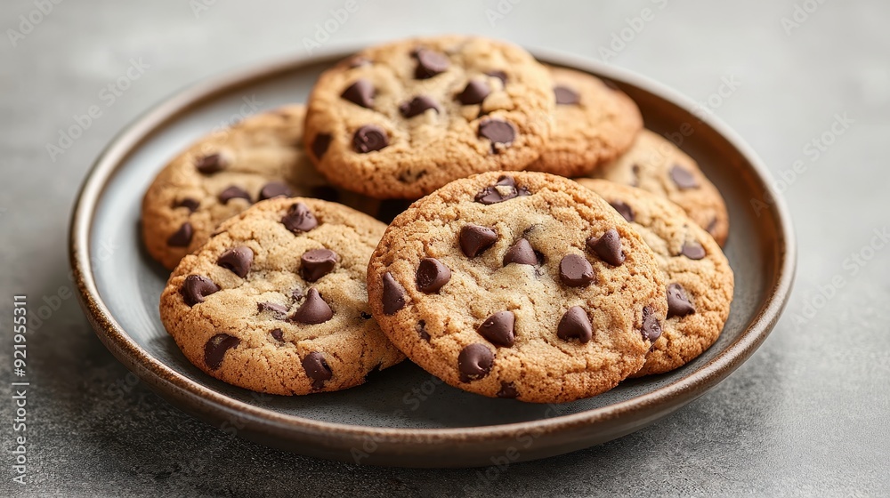 Freshly Baked Chocolate Chip Cookies on a Plate with Rustic Background, Perfect for Dessert and Baking Themes Freshly Baked Chocolate Chip Cookies on a Plate with Rustic Background, Perfect for Dessert and Baking Themes