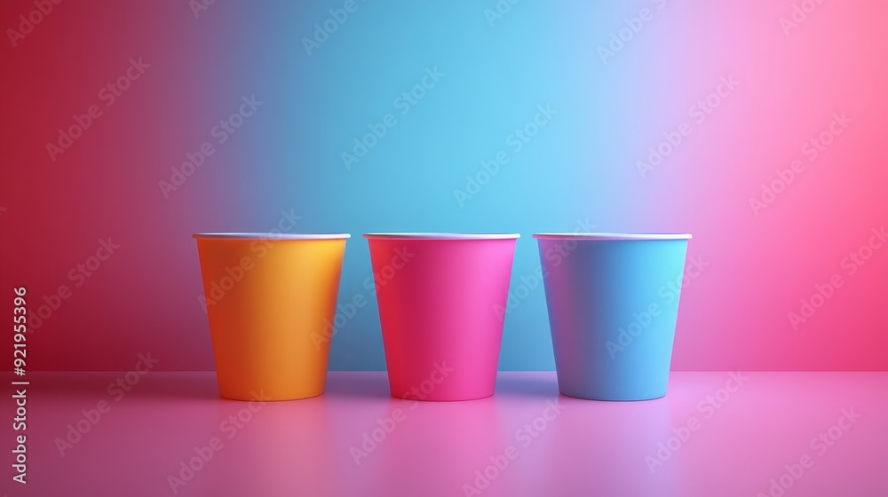 Three colorful paper cups are arranged on a table Three colorful paper cups are arranged on a table