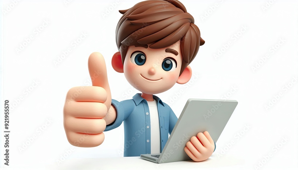 Young Cartoon Boy Giving Thumbs Up While Holding a Tablet Young Cartoon Boy Giving Thumbs Up While Holding a Tablet