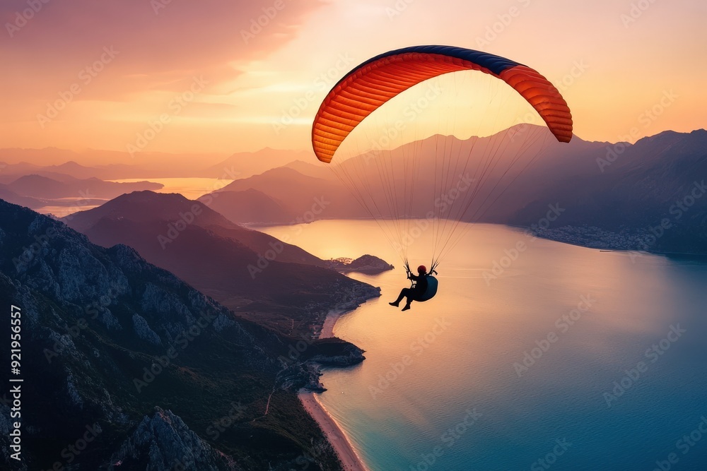A person paragliding during a stunning sunset over a picturesque sea and rugged coastline, embodying the spirit of adventure, freedom, and the beauty of nature. A person paragliding during a stunning sunset over a picturesque sea and rugged coastline, embodying the spirit of adventure, freedom, and the beauty of nature.