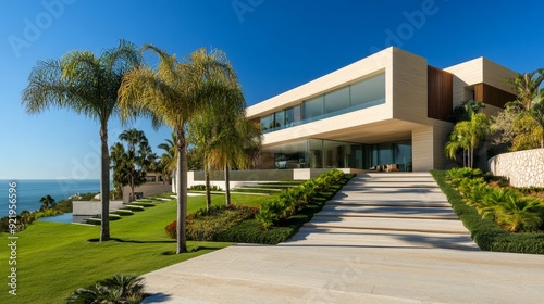 A modern luxury house with a sleek design, surrounded by lush greenery and overlooking the ocean.