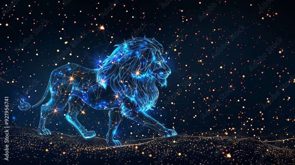 Fototapeta premium Digitally generated image of the Leo symbol with stars against a black background, representing zodiac signs, constellations, and horoscope themes.