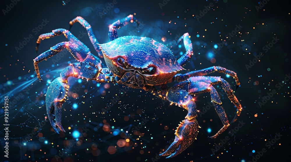A digitally generated image of the Cancer zodiac sign with stars against a black background, representing the concept of zodiac signs, stars, and horoscopes
A digitally generated image of the Cancer zodiac sign with stars against a black background, representing the concept of zodiac signs, stars, and horoscopes