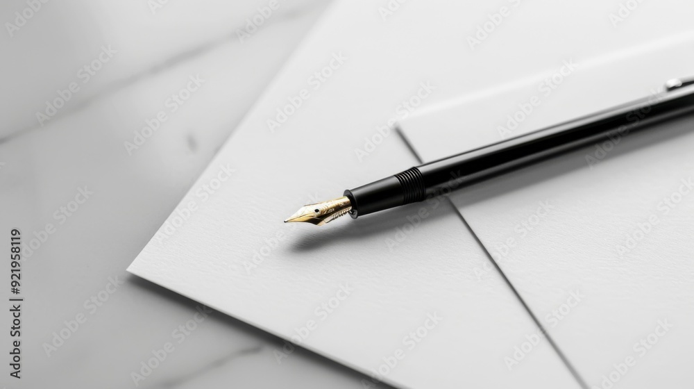 A sleek black fountain pen rests on crisp white stationery, evoking a sense of elegance and creativity. The image captures a moment of inspiration and anticipation. A sleek black fountain pen rests on crisp white stationery, evoking a sense of elegance and creativity. The image captures a moment of inspiration and anticipation.