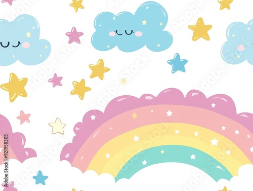 seamless pattern, Charming kawaii rainbows stretching across a pastel sky