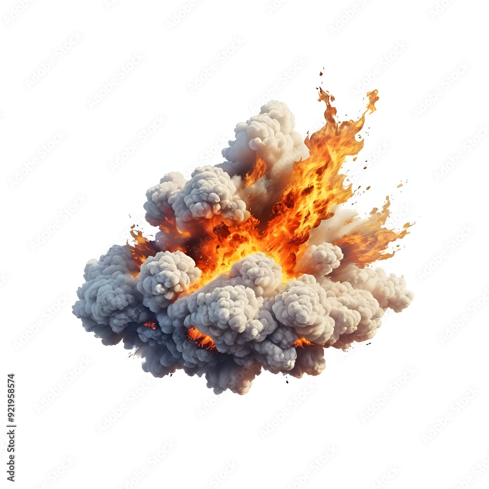 Dramatic Explosion with Intense Flames and Thick Smoke Clouds on Clean White Background. Dramatic Explosion with Intense Flames and Thick Smoke Clouds on Clean White Background.