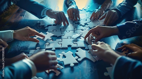 A diverse group of professionals in a boardroom, working together to piece together a large, intricate puzzle that represents a strategic risk mitigation plan. photo