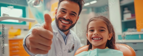 A smiling dentist and a happy child giving a thumbs up in a dental office. The atmosphere is cheerful and reassuring.