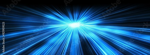 The background consists of lines and rays of neon light on a blue background. Reflection in space of symmetry. Model of abstract tunnel motion.