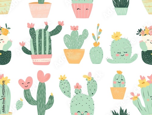 seamless pattern, Adorably chubby kawaii cacti with blushing cheeks and flower crowns