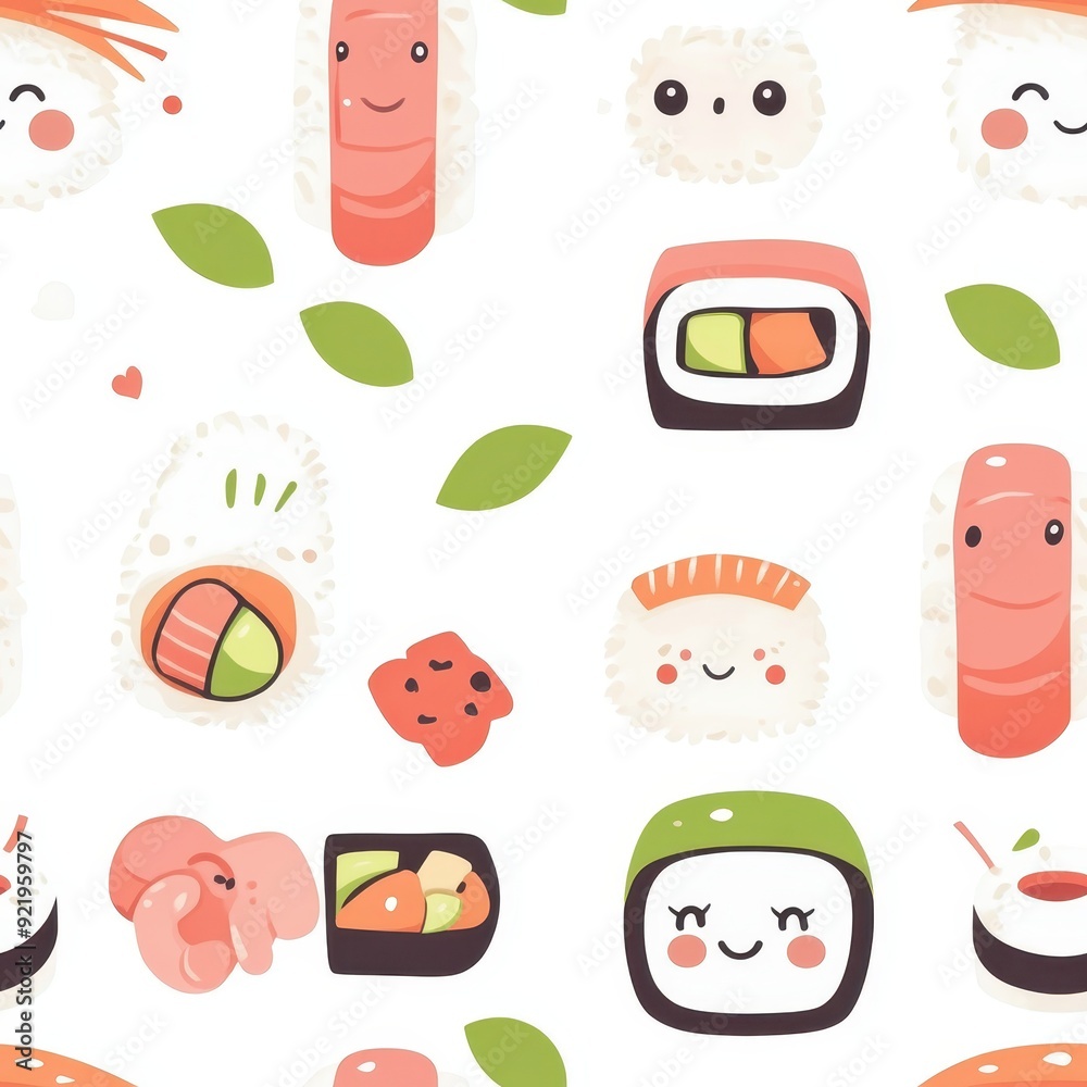 Fototapeta premium seamless pattern, Kawaii sushi rolls in the shape of smiling animals