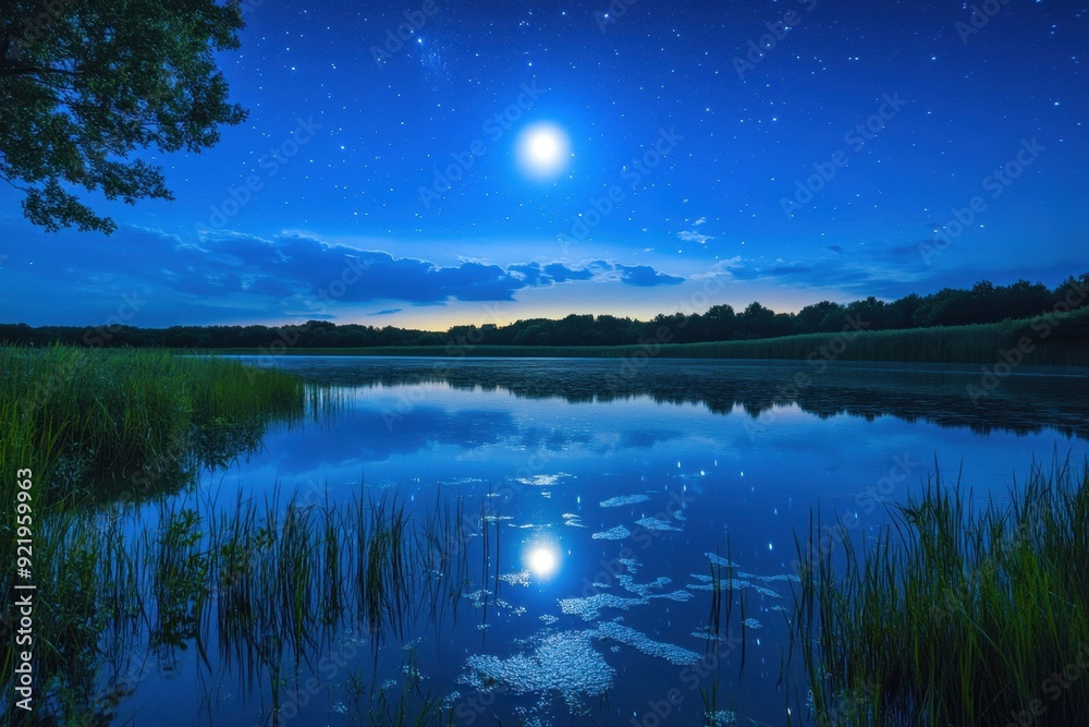 Bioluminescent algae lights up a serene lake reflecting a moonlit sky with dazzling colors and calm waters Bioluminescent algae lights up a serene lake reflecting a moonlit sky with dazzling colors and calm waters