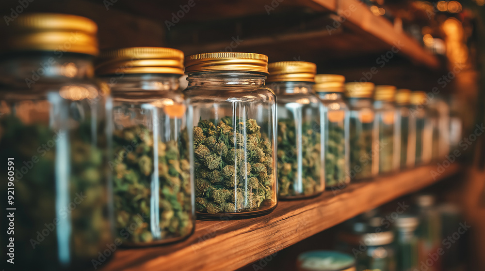 Glass jars filled with dried cannabis buds on a wooden shelf. Glass jars filled with dried cannabis buds on a wooden shelf.