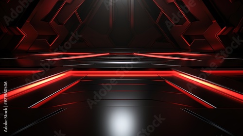 Abstract futuristic dark background with red neon glowing lines.