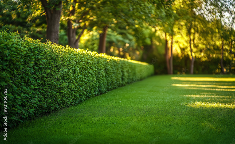 Obraz premium Well-maintained lawn and trimmed hedge in a sunlit garden.