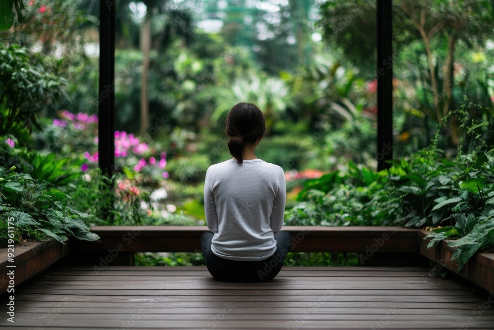 A person is seen from the back, seated cross-legged and meditating on a wooden deck, facing a lush indoor garden with a tranquil atmosphere and vibrant plants. A person is seen from the back, seated cross-legged and meditating on a wooden deck, facing a lush indoor garden with a tranquil atmosphere and vibrant plants.