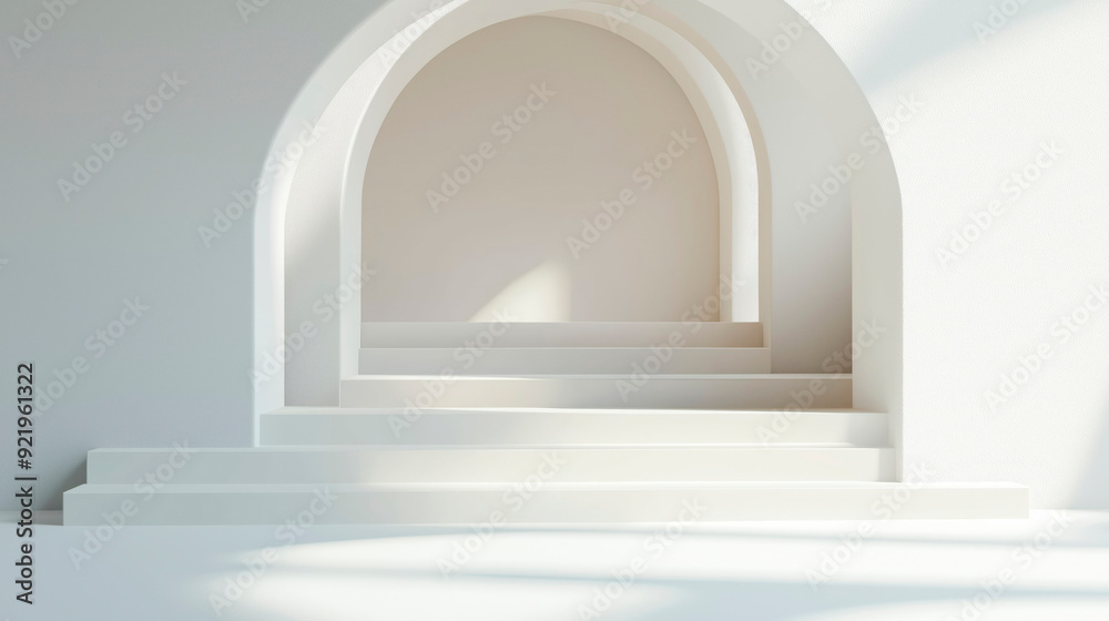 White arcs and podium in an empty white room with soft light and soft shadows. Pedestal for showcasing products in a showroom minimalistic design mock up White arcs and podium in an empty white room with soft light and soft shadows. Pedestal for showcasing products in a showroom minimalistic design mock up