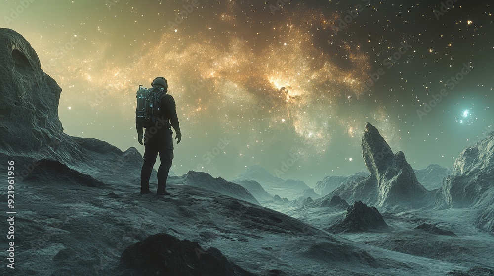 Space explorer standing on an alien planet, gazing at a vibrant galaxy ...
