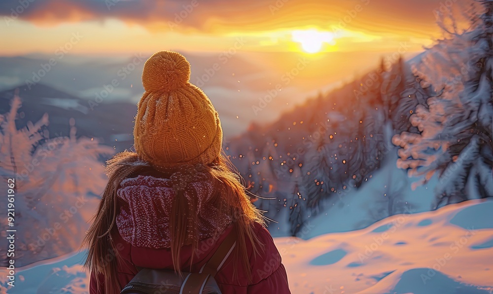 Anonymous woman watching the sunset on the snowy mountain Anonymous woman watching the sunset on the snowy mountain