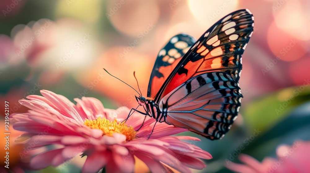 A close-up of a butterfly resting on a bright, blooming flower. The detailed patterns on the wings are highlighted by the sunlight, creating a striking and colorful image A close-up of a butterfly resting on a bright, blooming flower. The detailed patterns on the wings are highlighted by the sunlight, creating a striking and colorful image