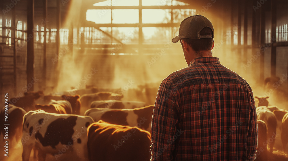Fototapeta premium Farmer standing in a sunlit barn, watching cattle.