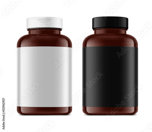 Plastic bottle mockups for nitric oxide booster, sports nutrition, additives. Vector illustration isolated on white background. Can be use for template your design, presentation, promo, ad. EPS10.