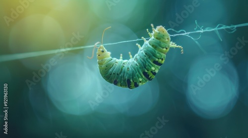 A caterpillar hanging from a silk thread, preparing to create a cocoon, illustrating the metamorphosis process