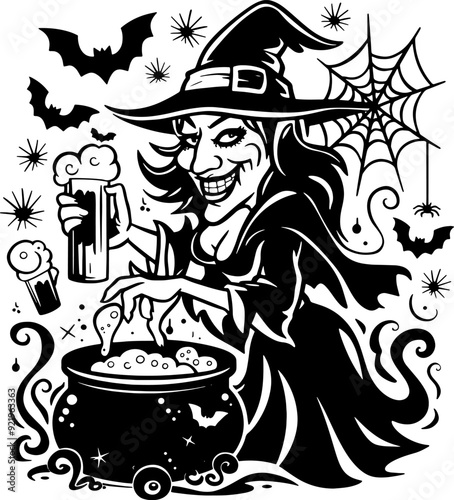 Minimalist silhouette witch drinking beer, Halloween concept t-shirt design