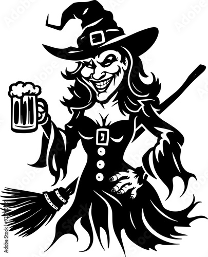 Minimalist silhouette witch drinking beer, Halloween concept t-shirt design
