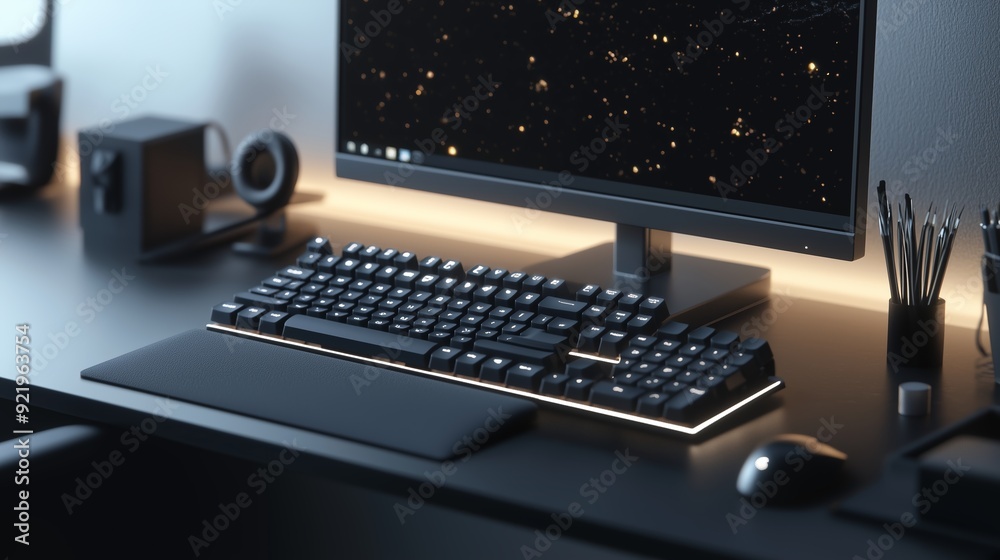 Modern workstation setup with a keyboard, mouse, and monitor displaying a starry background in a dimly lit room