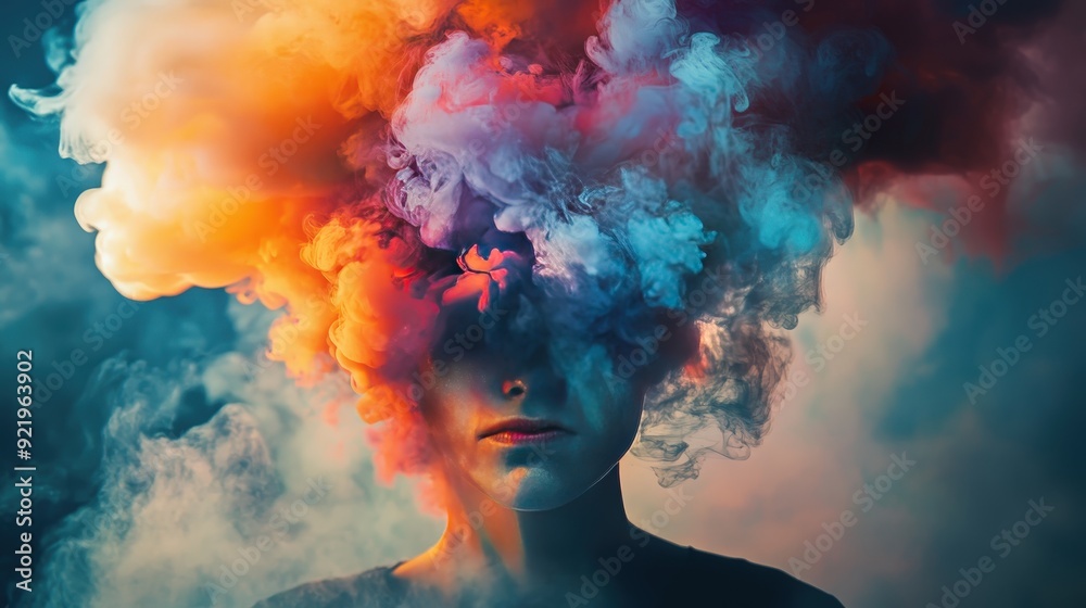 Person with a cloud of colorful smoke obscuring their face, vibrant and abstract visual exploring identity and imagination, bold and dynamic use of color and texture, mysterious and thought-provoking Person with a cloud of colorful smoke obscuring their face, vibrant and abstract visual exploring identity and imagination, bold and dynamic use of color and texture, mysterious and thought-provoking