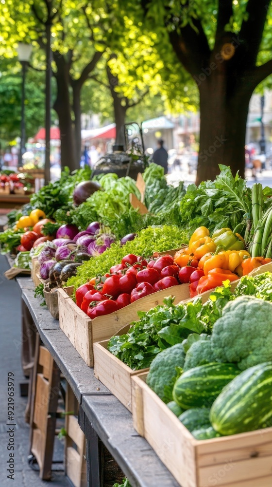 Vibrant street market bustling with activity as shoppers explore a rich array of fresh vegetables in a lively outdoor setting Vibrant street market bustling with activity as shoppers explore a rich array of fresh vegetables in a lively outdoor setting