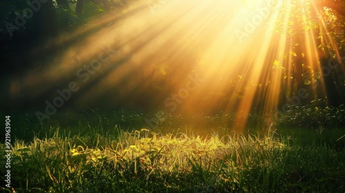 fresh grass hit by morning sunlight in the dense forest photo