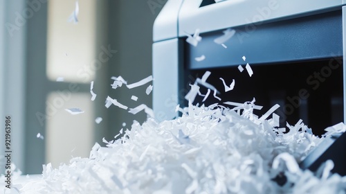 A close-up view of a paper shredder in action, with shredded paper falling into a bin. The design captures the functionality and efficiency of paper shredding for document security and recycling