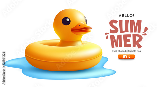 Duck yellow shaped inflatable ring summer 3D realistic on water design isolated on white background, eps 10 vector illustration

