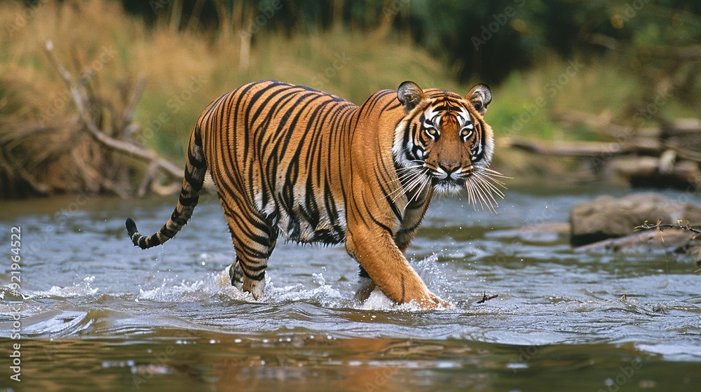 Naklejka premium tiger walking in the river