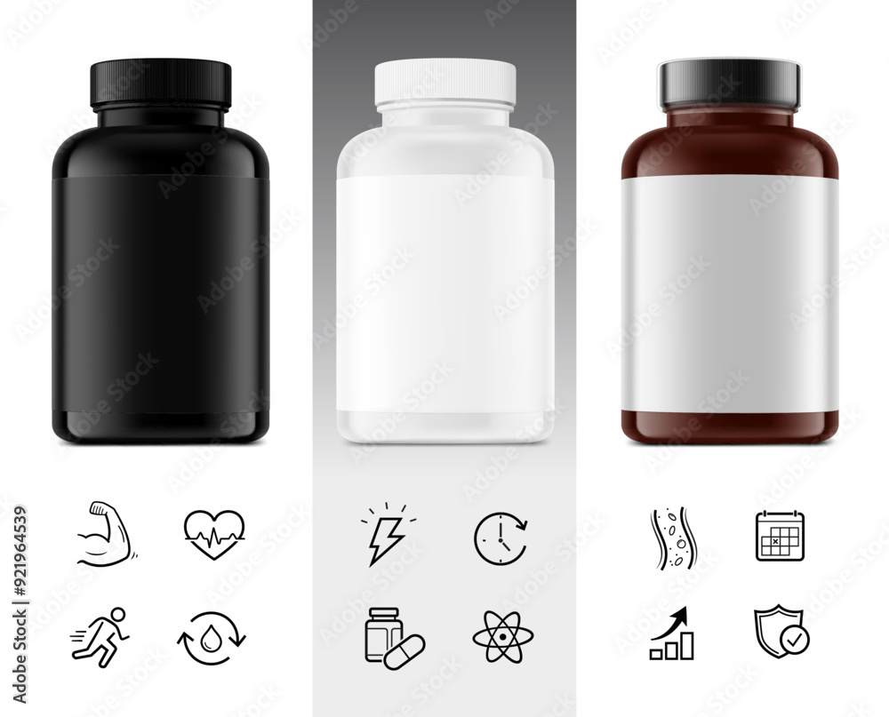 Plastic bottle mockups for nitric oxide booster, sports nutrition, additives with icons set. Vector illustration isolated on white background. Can be use for template your design, presentation. EPS10. Plastic bottle mockups for nitric oxide booster, sports nutrition, additives with icons set. Vector illustration isolated on white background. Can be use for template your design, presentation. EPS10.