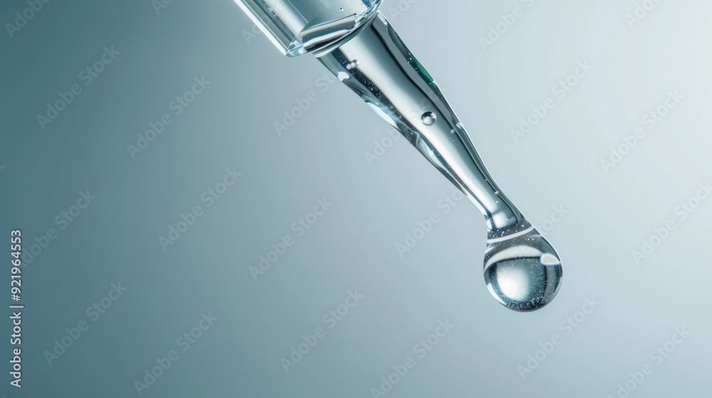 Clear glass pipette with a drop of cosmetic product falling down Clear glass pipette with a drop of cosmetic product falling down