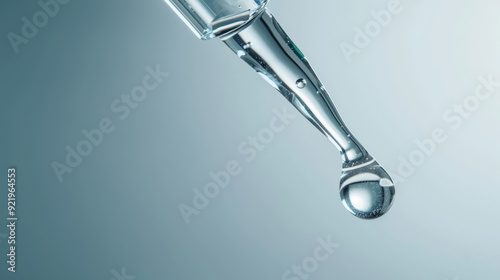 Clear glass pipette with a drop of cosmetic product falling down