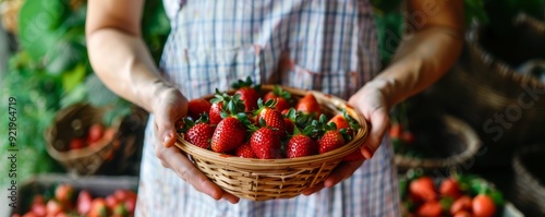 woman holding basket with strawberries, agriculture
