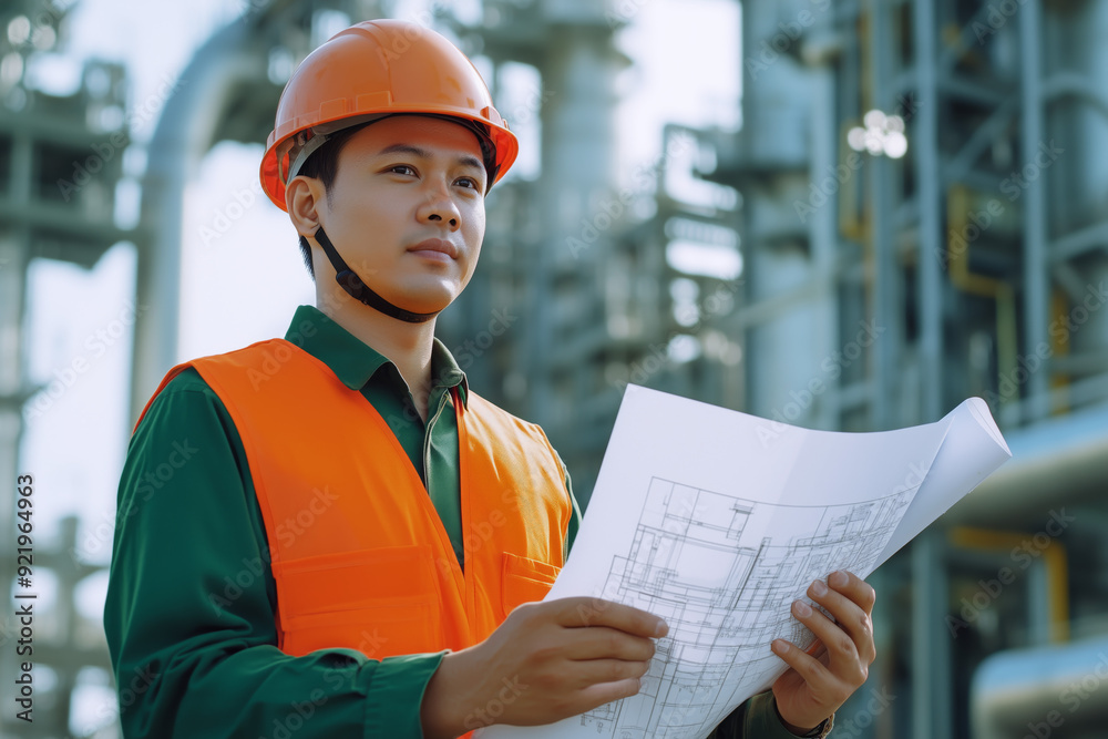 A focused male engineer wearing an orange safety helmet and vest holds blueprints while inspecting an industrial site, symbolizing precision and professionalism in engineering A focused male engineer wearing an orange safety helmet and vest holds blueprints while inspecting an industrial site, symbolizing precision and professionalism in engineering