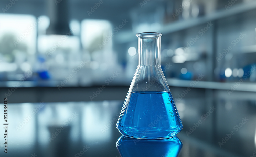 Laboratory flask filled with blue liquid on a reflective table. Laboratory flask filled with blue liquid on a reflective table.