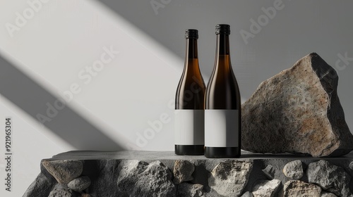 mockup of two bottles on a rock on a neutral background