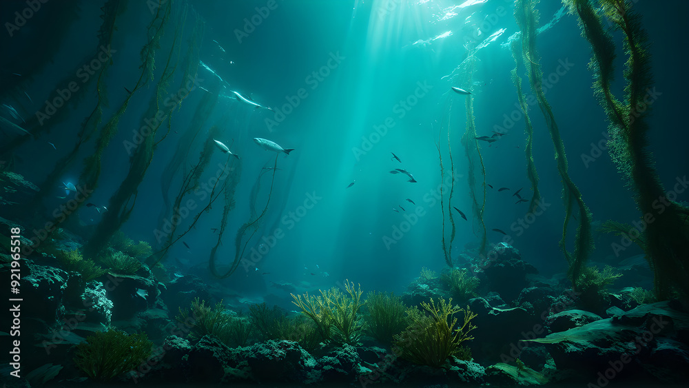 Fototapeta premium Underwater kelp forests softly shine in the dark ocean depths from bioluminescent seaweed threads