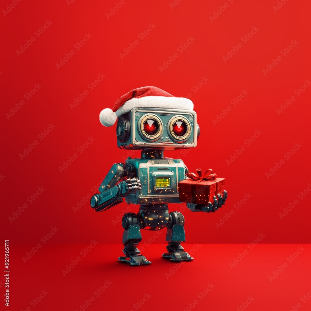 Fototapeta premium a funny little retro robot is holding a Christmas gift wrapped in red paper, he is standing against red background. Season greetings concept
