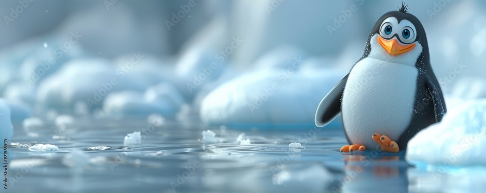 Fototapeta premium Cute cartoon penguin sliding on ice, full of arctic adventure.